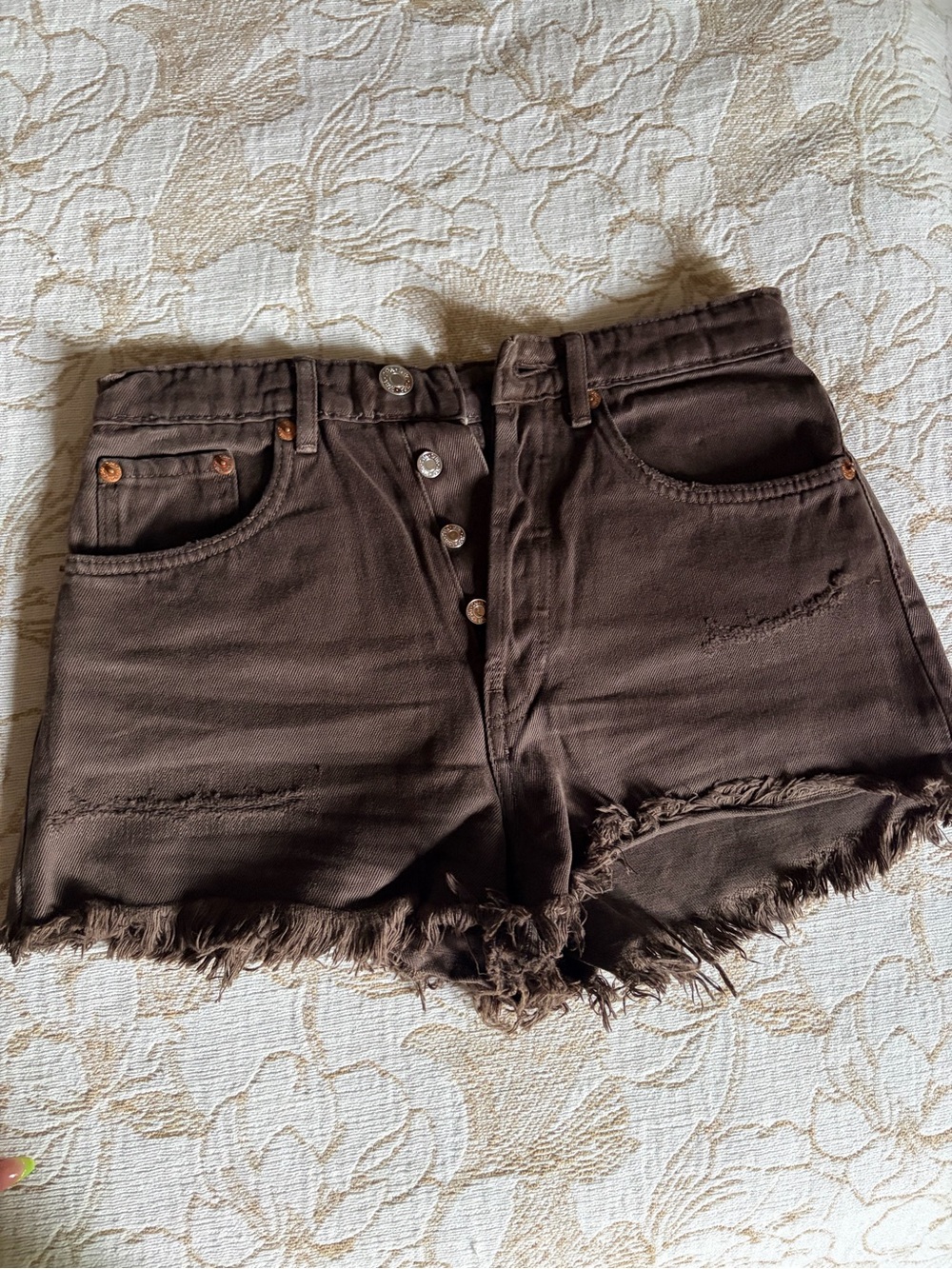 Zara Brown Distressed Denim Button-Front Shorts